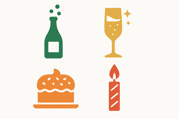 Celebration Icons Set with Champagne Bottle Glass Cake and Candle.