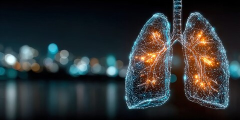 stock photo of glowing holographic human lungs with digital data overlays, high-tech background blurred, left-aligned composition with right-side