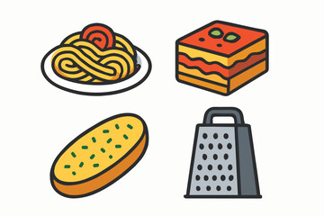 Italian Cuisine Icons - Spaghetti, Lasagna, Garlic Bread, and Grater.