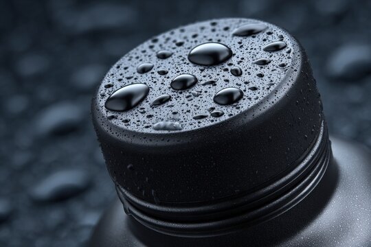 Close-up of a dark bottle cap with water droplets