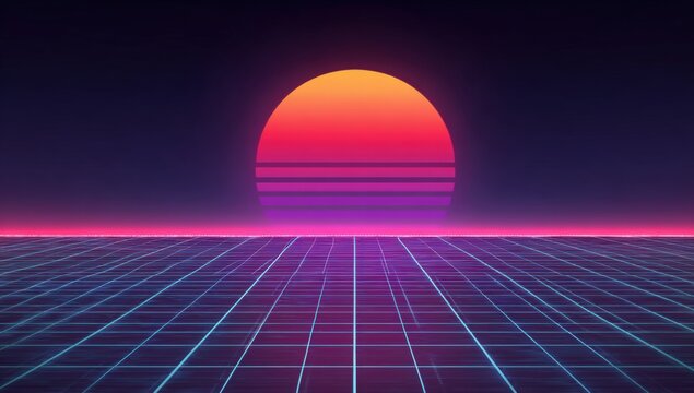Retrofuturistic sunset over a gridded landscape