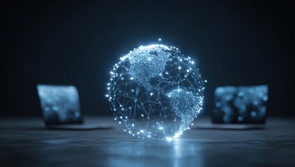 Global digital network, computers, dark background