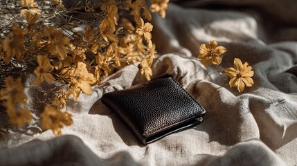 Dark brown leather wallet on beige linen fabric with yellow flowers