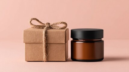 Brown Cosmetic Jar and Gift Box on Soft Pink Background