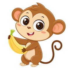 Obraz premium Cute cartoon monkey with banana on transparent background for zoo branding, nursery books, and fun party designs