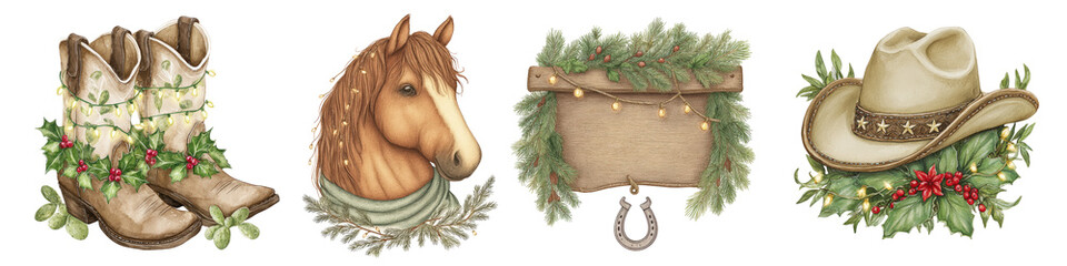 Cowboy boot cactus light holiday garland rustic wood sign horseshoe cowboy hat holly berry western Christmas charm