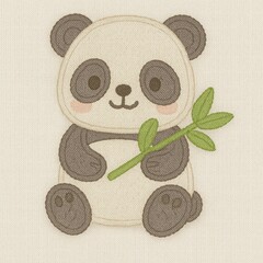Cute Cartoon Panda Holding Bamboo Leaf on Soft Fabric Background