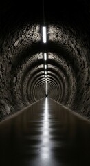 A long, dark tunnel, illuminated by a central line of lights, stretches into the distance.