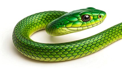 Vivid green snake with shiny scales isolated on white background, close up of reptile with detailed texture and natural beauty 
