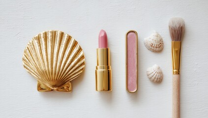 Golden shell, pink lipstick, and makeup