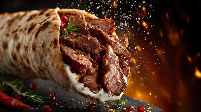 fresh grilled beef turkish shawarma doner sandwich with flying ingredients and spices.