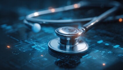 Stethoscope on a digital circuit board.  Close-up view