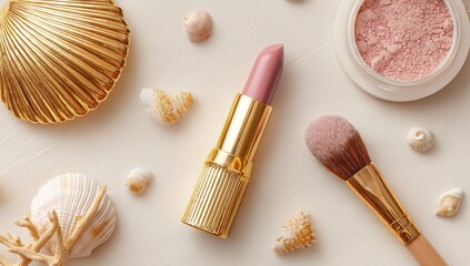Cosmetics and seashells on a light surface