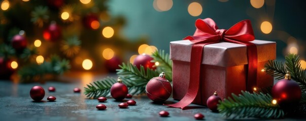 Gift boxes, ornaments, winter greenery, festive lights , texture, season's greetings