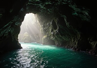 Sunbeams shining through a dark sea cave illuminating the emerald green water
