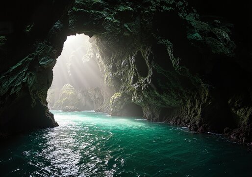 Sunbeams shining through a dark sea cave illuminating the emerald green water - Powered by Adobe