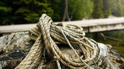 Coiled Rope on Rock by Lake with Wooden Dock and Forest Background