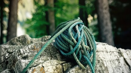 Coiled Green Rope Resting on Textured Rock in a Natural Outdoor Environment with Forest Background