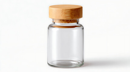 Glass Jar With Wooden Lid Placed on a White Surface Showcasing Simplicity and Elegance in Design