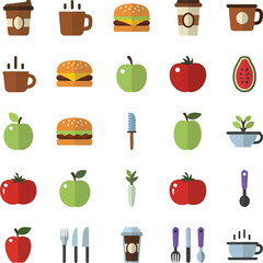 Assortment of Food and Drink Icons Including Burgers Apples Tomatoes and Coffee Cups hamburger