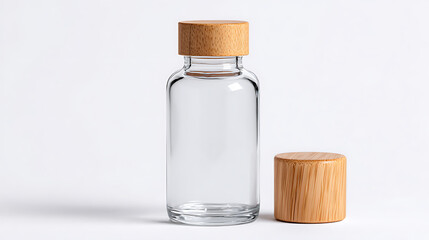 Clear Glass Bottle With Wooden Cap Showcased on a Light Surface for Product Display in an Interior Setting