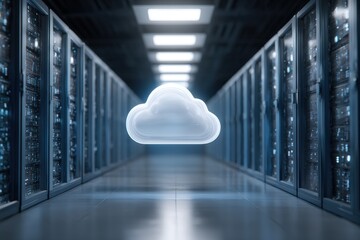 Futuristic server room with a cloud icon