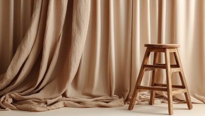 A neutral-toned studio backdrop with draped fabric and a simple wooden stool