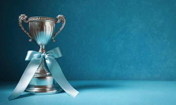 Silver trophy with a light teal ribbon on a teal background