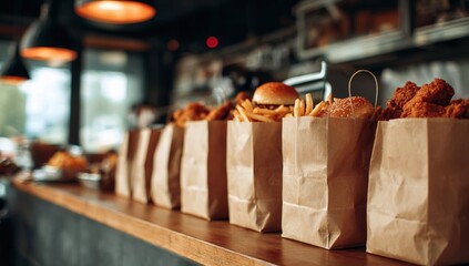 Takeaway food bags on a counter