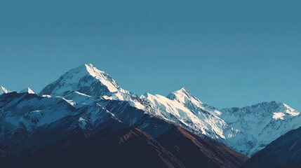 A view of the peaks, Snow-capped mountains, with blue sky in the background, No clouds, rising from left to right, minimalism