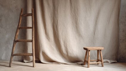 Rustic wooden ladder and stool against a draped linen backdrop