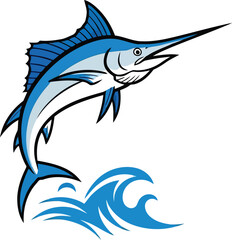 Blue Marlin Leaping Out of Water with Stylized Waves Keywords: marlin, fish, blue marlin, leaping, jumping, fishing, sport fishing, ocean, sea, water, waves, aquatic, marine, wildlife, animal