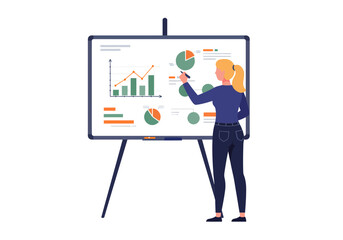 Fototapeta premium Confident woman presents dynamic business growth charts and data analysis on a modern whiteboard for strategic planning and reporting. Flat style illustration