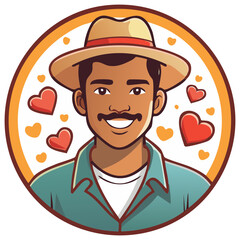 Friendly man with a mustache wearing a hat surrounded by love hearts cartoon illustration