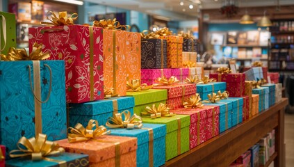 Vibrant colorful gift bags and boxes display with festive ribbons and bows
