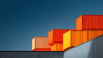 Fototapeta premium Stacked shipping containers against a vibrant blue sky