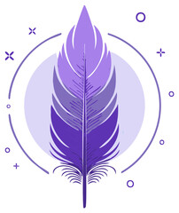 Stylized Purple Feather Graphic Element with Geometric Circle Accents and Flat Design