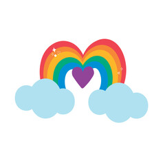 ilustración de Arcoiris en forma de corazón con nubes y brillos 