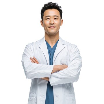 dentist doctor corean Man with crossed arms in medical uniform isolated on white background