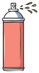 Cartoon peach spray can actively spraying yellow liquid droplets, isolated illustration for various applications.