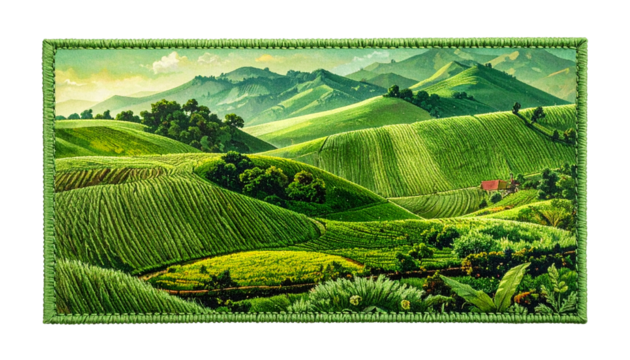 landscape with green fields, mountains and trees, printed on a patch of fabric