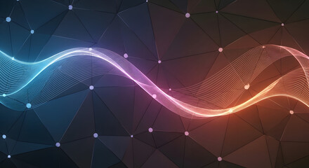 Modern geometric background with a glowing wavy particle stream over a dark, interconnected network, symbolizing data and technology.