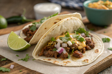 Authentic Mexican Tacos with Meat, Onions, and Lime