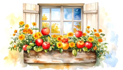 Watercolor Window Box Fall Scene
