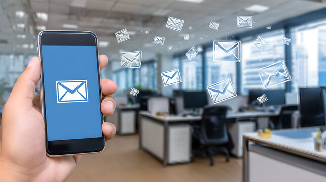 A hand holds a phone with an email icon on the screen and envelopes floating into the office.