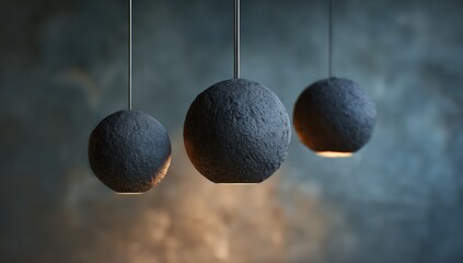 Three spherical pendant lamps hang in a row