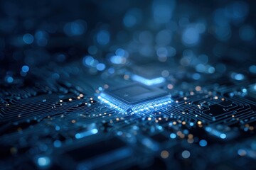 Close-up circuit board with glowing chip