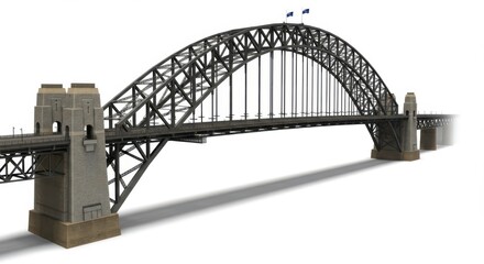 Fototapeta premium A detailed illustration of the Sydney Harbour Bridge, showcasing its impressive steel arch and stone abutments against a plain white backdrop.