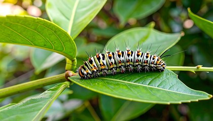 Fototapeta premium Close-up of a colorful caterpillar on a leafy branch