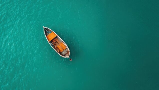Elevated view of a small wooden boat on tranquil teal water